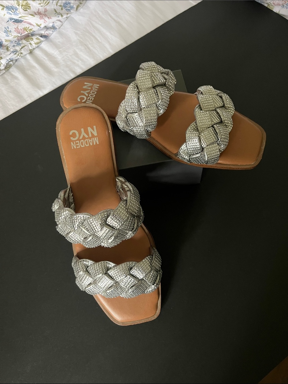 Madden NYC Silver Braided Double-Strap Slide Sandals NWOT